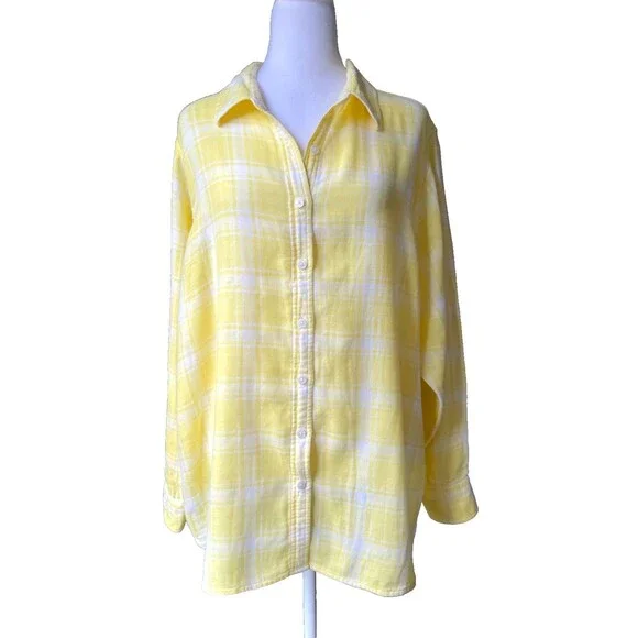 Lands End Cotton Gauze Shirt Yellow Plaid Gingham Lightweight Coastal 22W - Picture 4 of 13